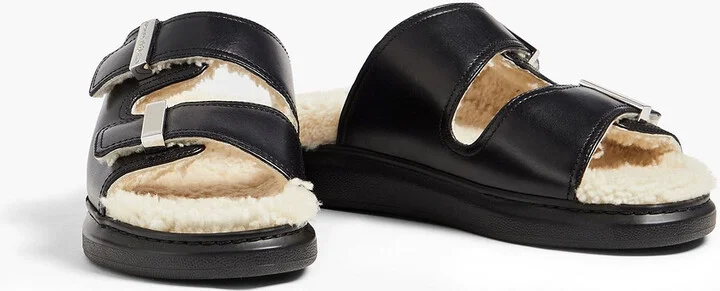 Shearling-lined buckled leather platform sandals - Image 2