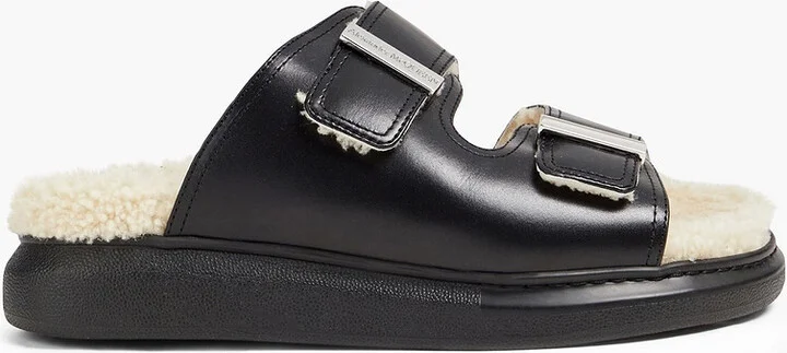 Shearling-lined buckled leather platform sandals