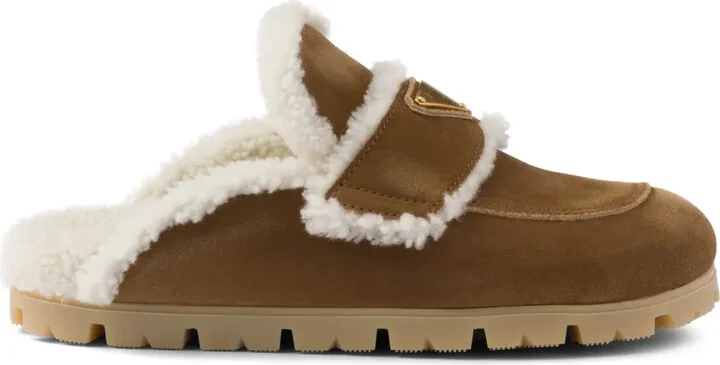 Shearling-Trim Suede Mules