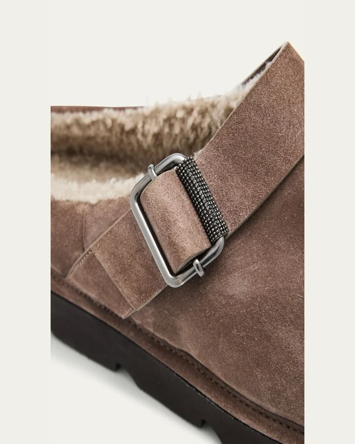 Shiny Detail Shearling-Lined Suede Mules - Image 6