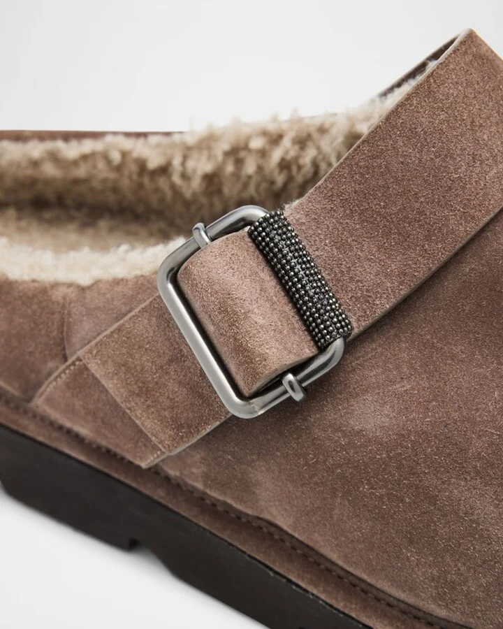 Shiny Detail Shearling-Lined Suede Mules - Image 2