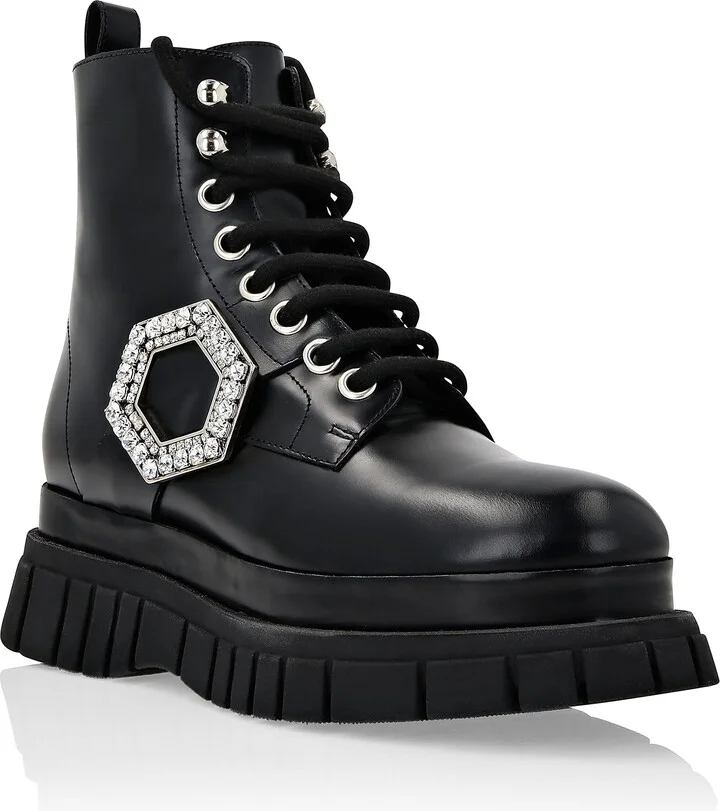 Shiny Leather Boots Mid Flat Crystal Hexagon