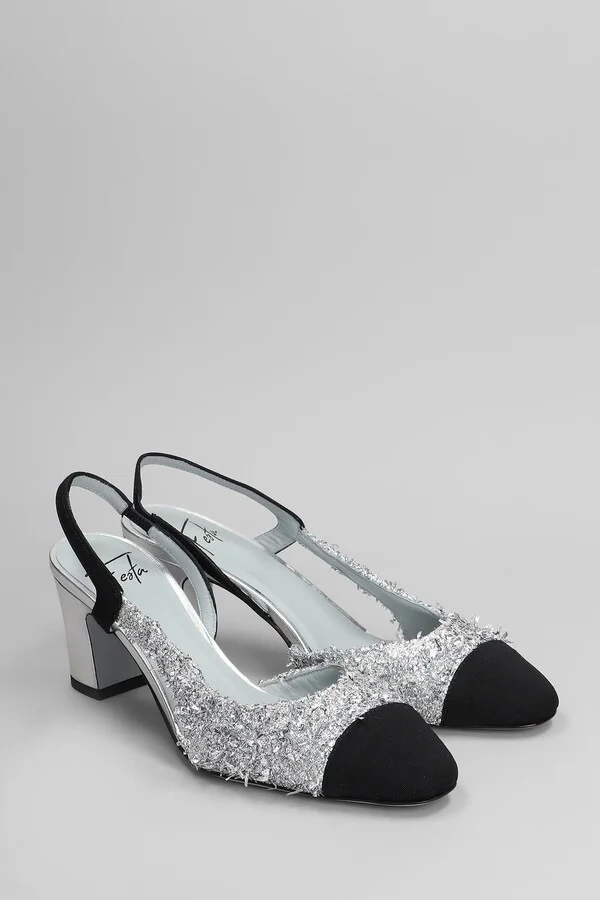 Shirley Pumps In Silver Leather And Fabric - Image 2