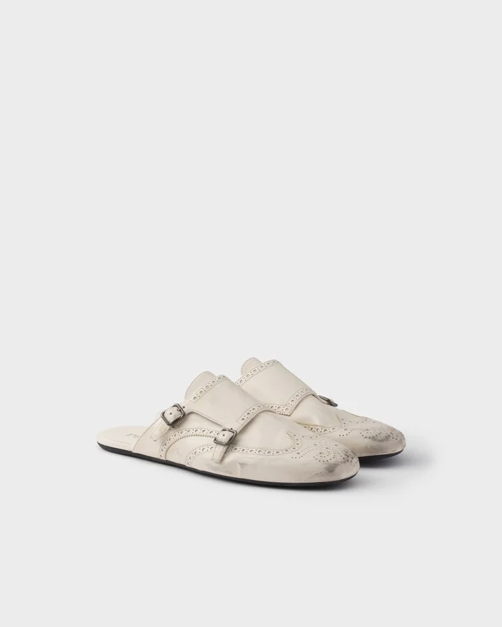 Shuffle antiqued leather double monk strap mules