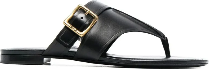 Side-Buckle Leather Flat Sandals