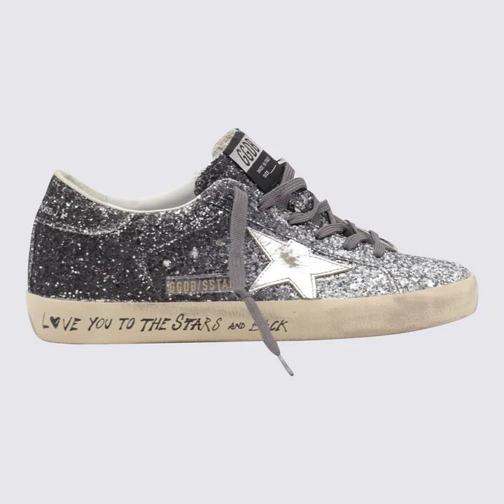Silver And Black Leather Super Star Sneakers