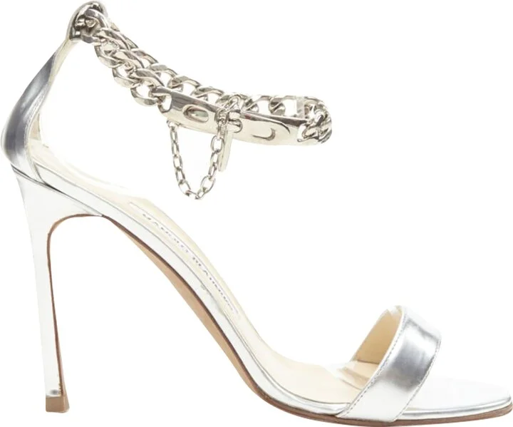 Silver Chunky Chain Lock Ankle Strap High Heel Sandal
