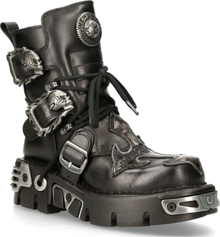 Silver Cross Black Leather Biker Boots-407-S1