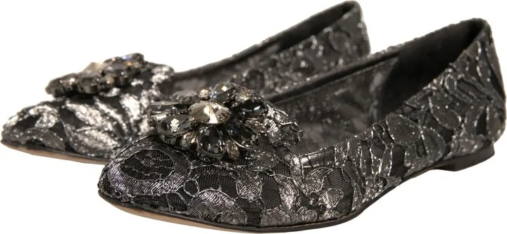 Silver Crystal Loafer Lace Ballet Flats Women's Shoes (Pre-Owned) - Image 3