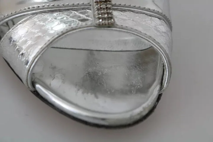 Silver Crystals T-strap Sandals Leather Women's Shoes (Pre-Owned) - Image 3