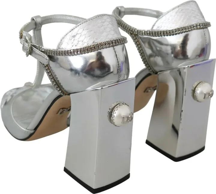 Silver Crystals T-strap Sandals Leather Women's Shoes (Pre-Owned) - Image 4