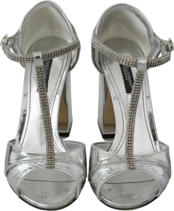 Silver Crystals T-strap Sandals Leather Women's Shoes (Pre-Owned) - Image 5