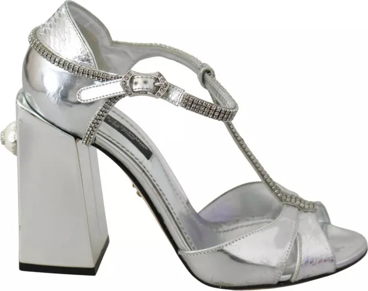 Silver Crystals T-strap Sandals Leather Women's Shoes (Pre-Owned)