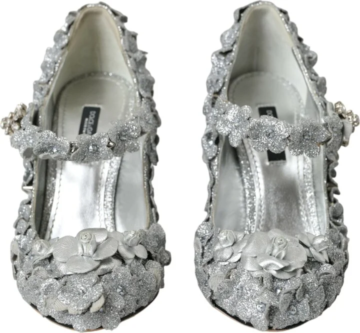 Silver Floral Crystal Mary Jane Pumps Women's Shoes - Image 2