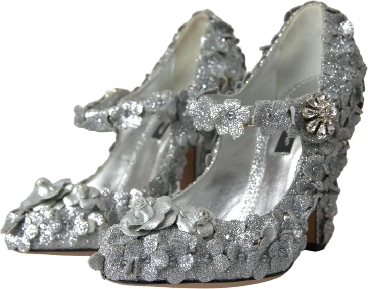 Silver Floral Crystal Mary Jane Pumps Women's Shoes - Image 3