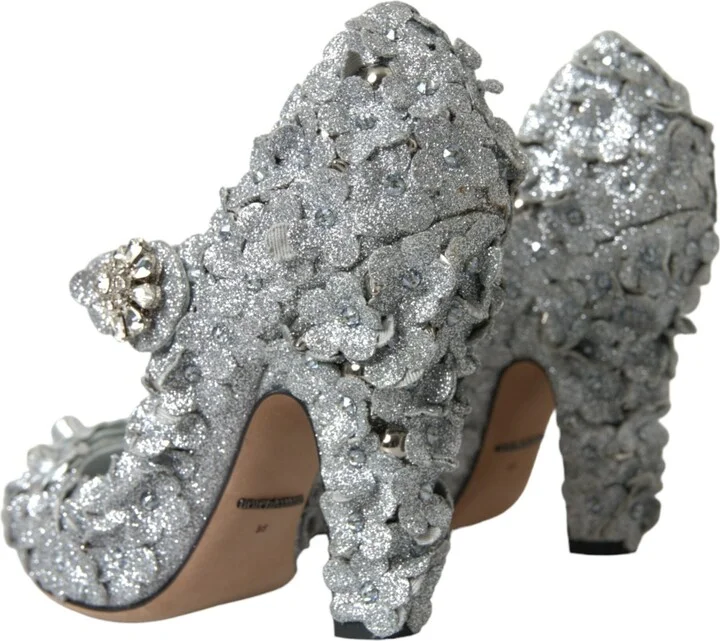 Silver Floral Crystal Mary Jane Pumps Women's Shoes - Image 4