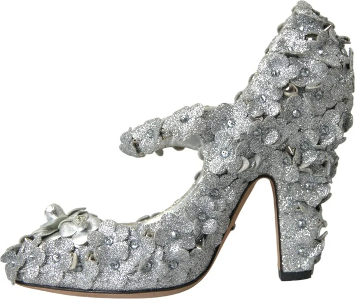 Silver Floral Crystal Mary Jane Pumps Women's Shoes - Image 5