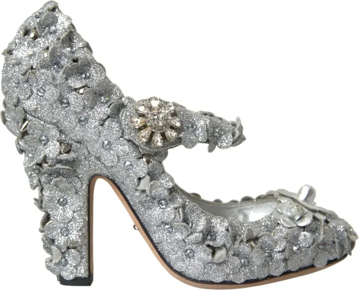 Silver Floral Crystal Mary Jane Pumps Women's Shoes