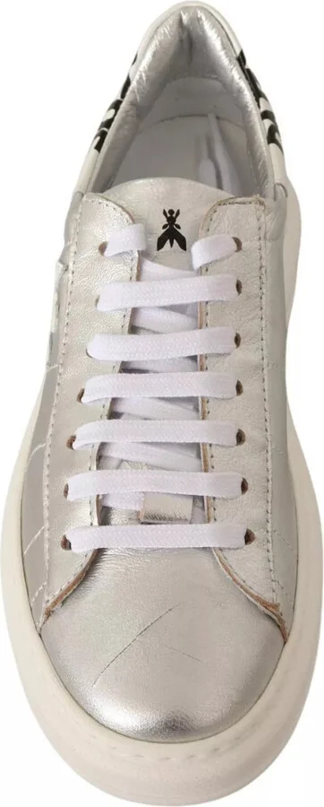 Silver Full Grain Leather Lace Up Sneakers Women's Shoes (Pre-Owned) - Image 2
