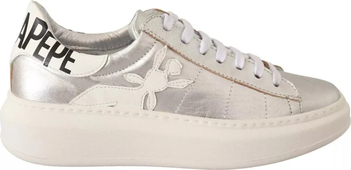 Silver Full Grain Leather Lace Up Sneakers Women's Shoes (Pre-Owned)