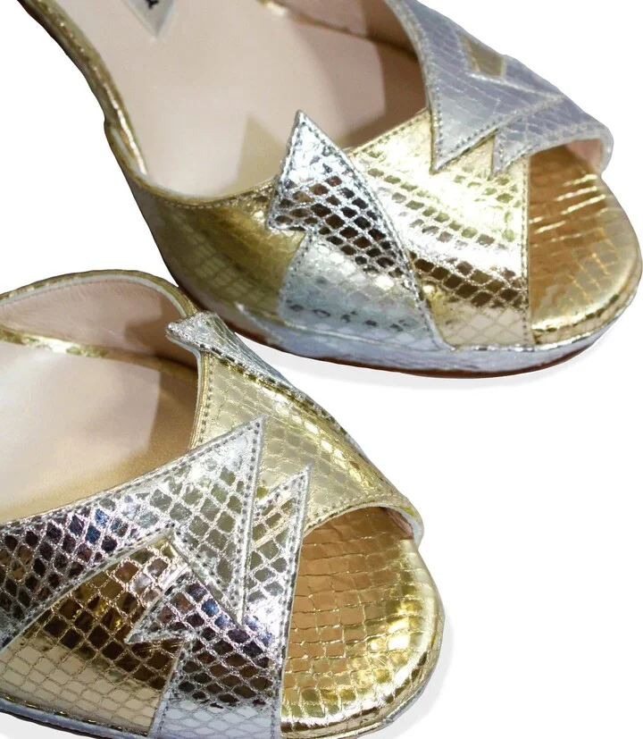 Silver / Gold Zia Mid Gold Silver Platform Block Heels - Image 4