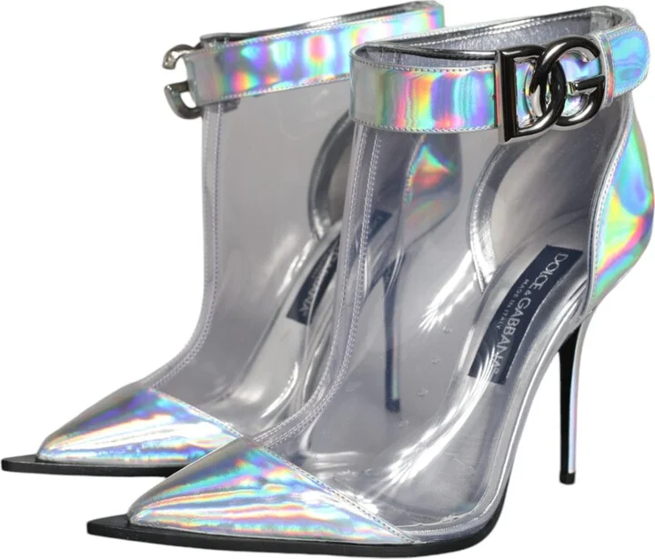 Silver Iridescent PVC Pointed Short Boots Women's Shoes - Image 3