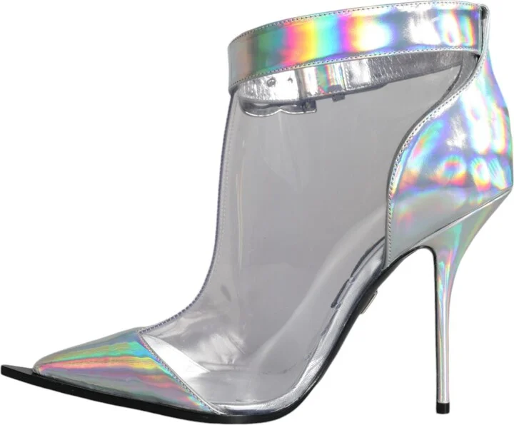 Silver Iridescent PVC Pointed Short Boots Women's Shoes - Image 4