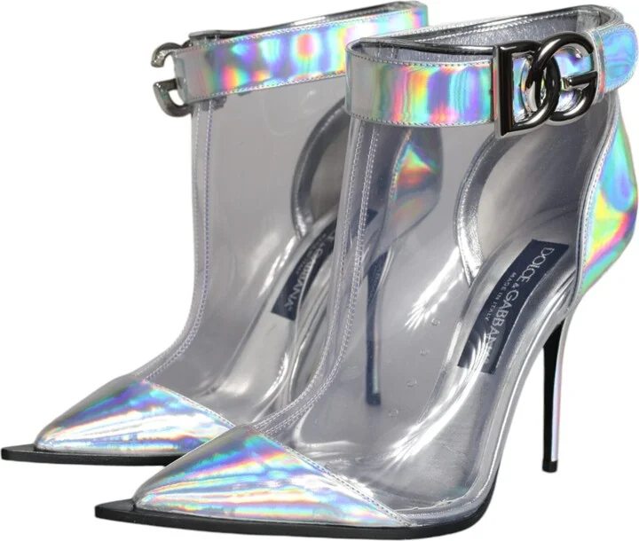 Silver Iridescent PVC Pointed Short Boots Women's Shoes - Image 6