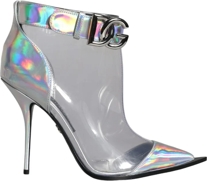 Silver Iridescent PVC Pointed Short Boots Women's Shoes