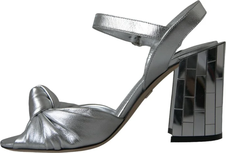 Silver Lambskin Leather Heels Sandals Women's Shoes - Image 5