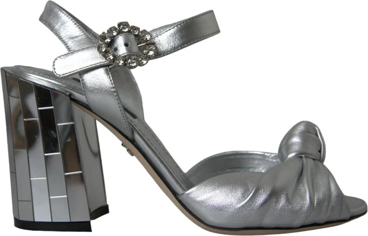 Silver Lambskin Leather Heels Sandals Women's Shoes