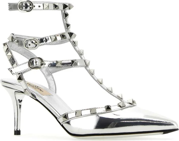 Silver Leather Rockstud Pumps - Image 2