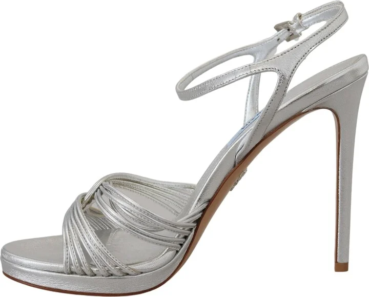 Silver Leather Sandals Ankle Strap Heels Women's Stiletto - Image 3