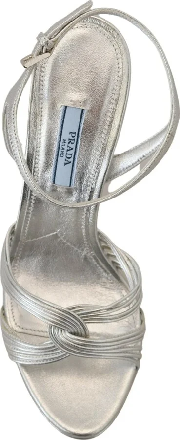 Silver Leather Sandals Ankle Strap Heels Women's Stiletto - Image 5