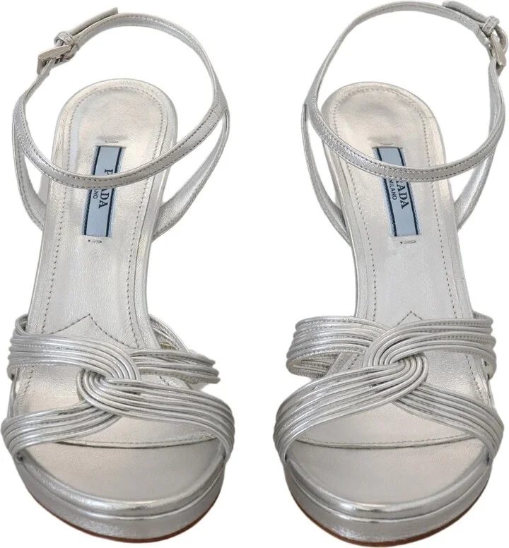 Silver Leather Sandals Ankle Strap Heels Women's Stiletto - Image 6