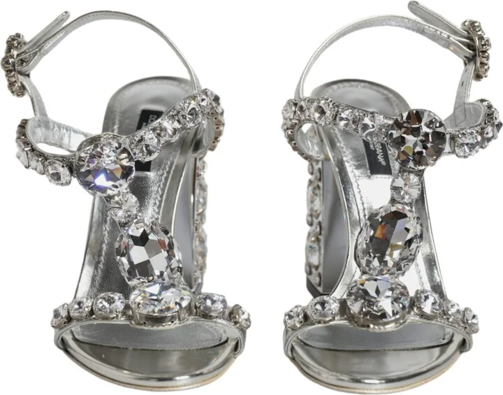 Silver Leather T-strap Crystal Sandals Women's Shoes (Pre-Owned) - Image 2