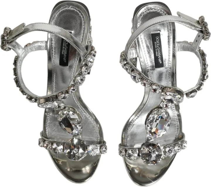 Silver Leather T-strap Crystal Sandals Women's Shoes (Pre-Owned) - Image 3