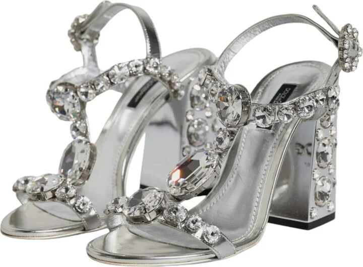 Silver Leather T-strap Crystal Sandals Women's Shoes (Pre-Owned) - Image 4
