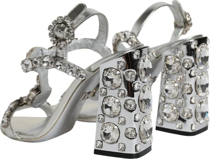 Silver Leather T-strap Crystal Sandals Women's Shoes (Pre-Owned) - Image 5