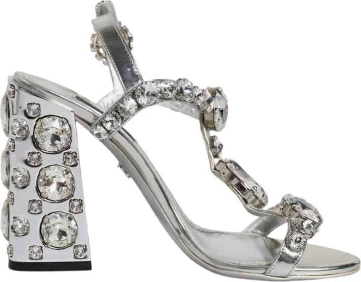 Silver Leather T-strap Crystal Sandals Women's Shoes (Pre-Owned)