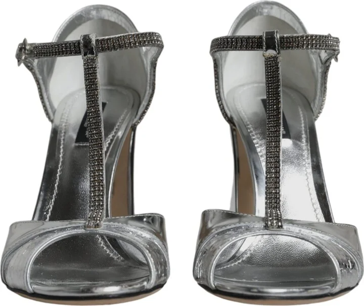 Silver Leather T-strap Heels Sandals Women's Shoes (Pre-Owned) - Image 2