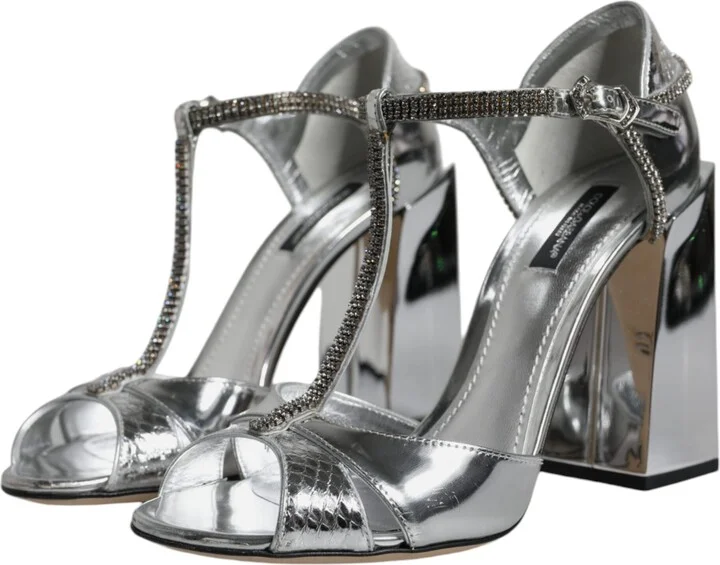 Silver Leather T-strap Heels Sandals Women's Shoes (Pre-Owned) - Image 3