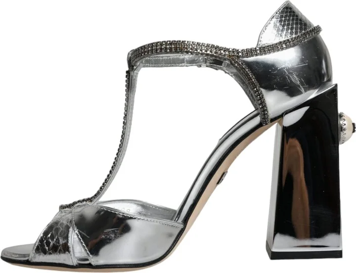Silver Leather T-strap Heels Sandals Women's Shoes (Pre-Owned) - Image 5