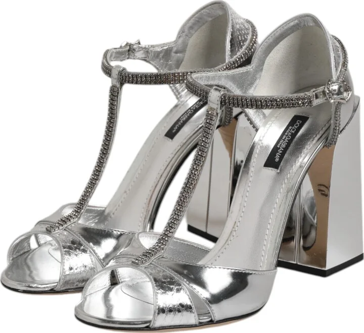 Silver Leather T-strap Heels Sandals Women's Shoes (Pre-Owned) - Image 2