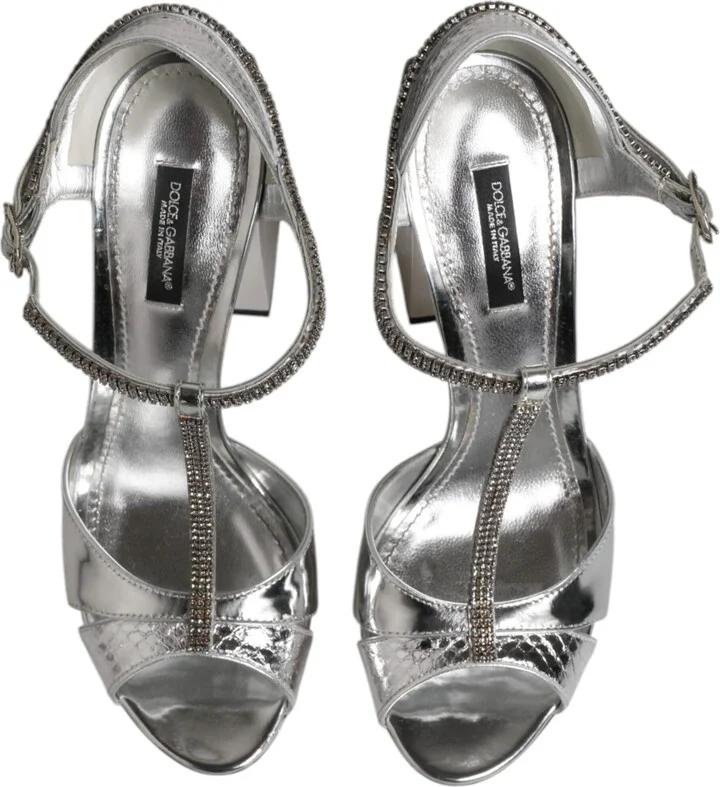 Silver Leather T-strap Heels Sandals Women's Shoes (Pre-Owned) - Image 4