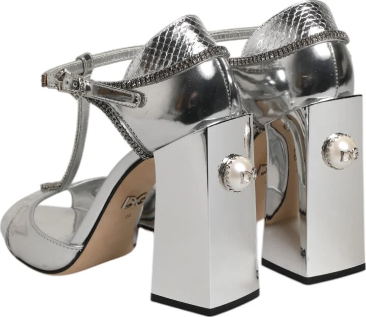 Silver Leather T-strap Heels Sandals Women's Shoes (Pre-Owned) - Image 5