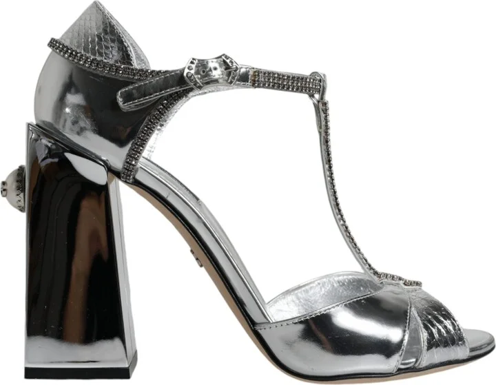 Silver Leather T-strap Heels Sandals Women's Shoes (Pre-Owned)