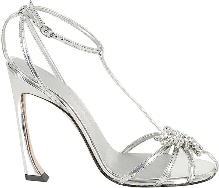 Silver Mirrored Laminated Leather Sandal With Rhinestone Detail