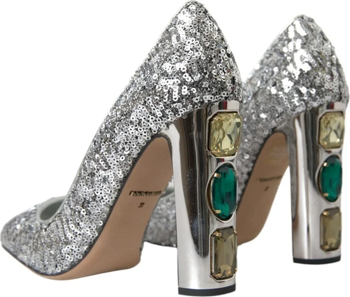 Silver Sequin Embellished Heels Pumps Women's Shoes - Image 4