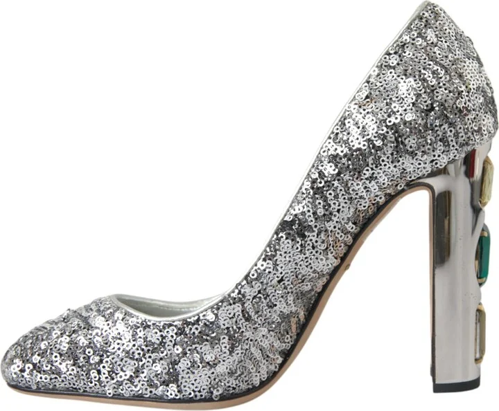 Silver Sequin Embellished Heels Pumps Women's Shoes - Image 5